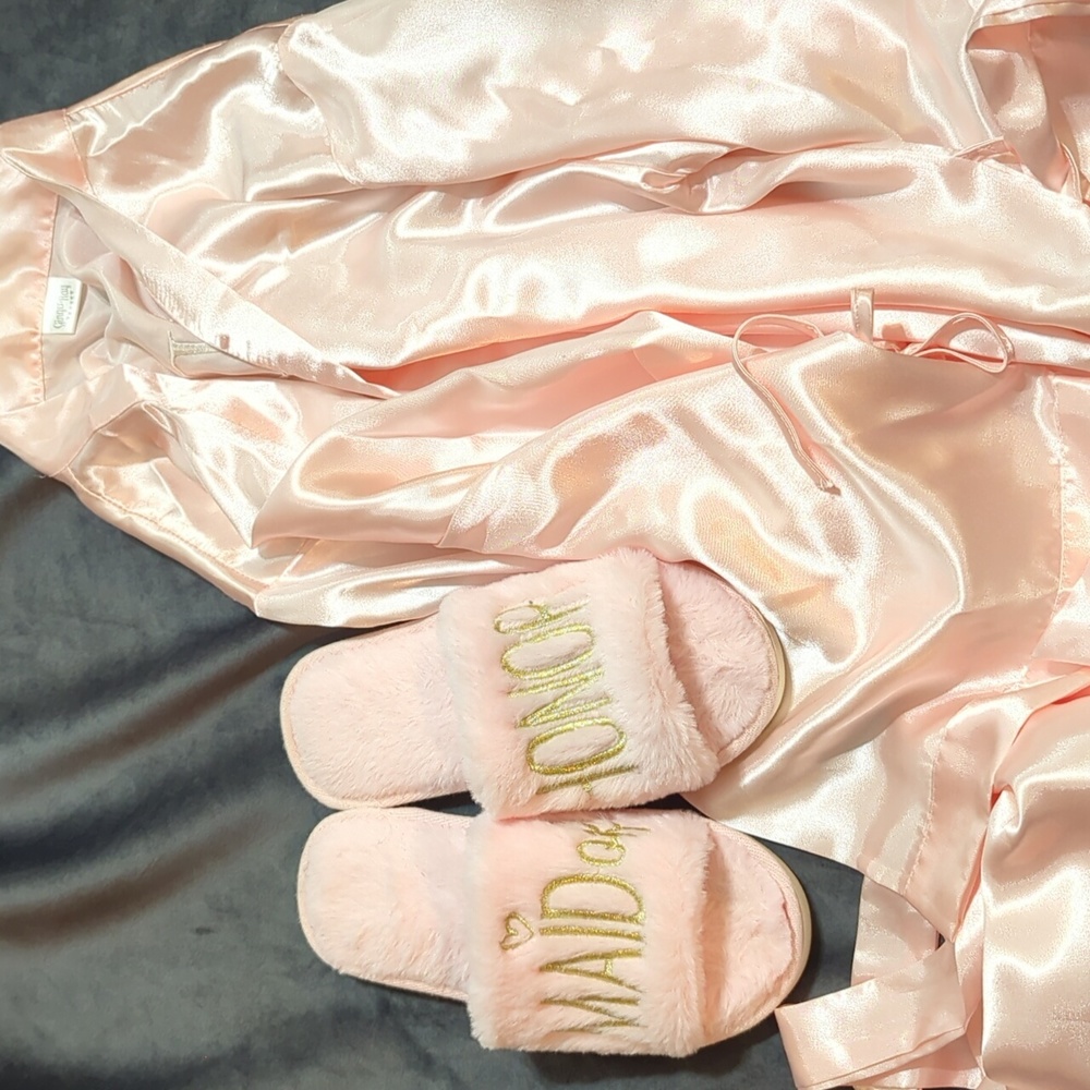 Bridesmaid Slippers, Robe, Makeup Bag, & Sunglasses Combo in Pink